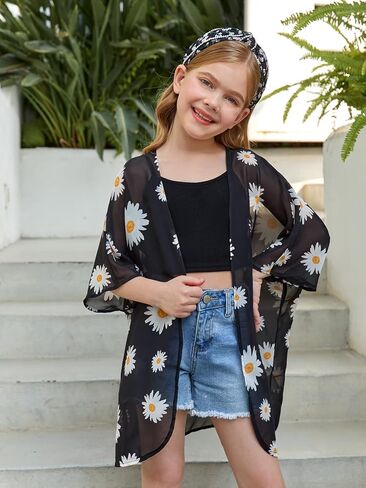 SOLY HUX Girl's Floral Print Sheer Open Front Swim Cover Up 3/4 Sleeve Beach Kimono Swimsuits in Saudi Arabia