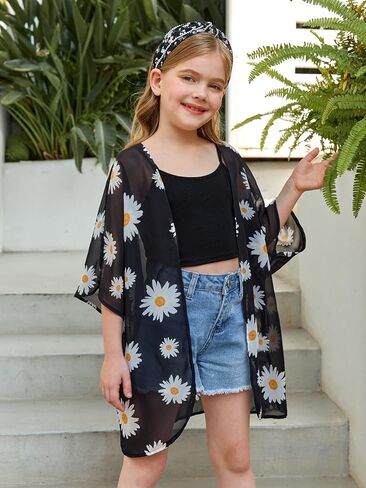 SOLY HUX Girl's Floral Print Sheer Open Front Swim Cover Up 3/4 Sleeve Beach Kimono Swimsuits in Saudi Arabia