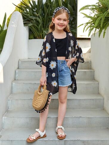 SOLY HUX Girl's Floral Print Sheer Open Front Swim Cover Up 3/4 Sleeve Beach Kimono Swimsuits in Saudi Arabia
