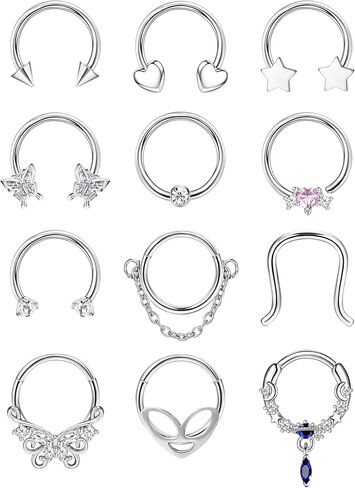 FINREZIO 12Pcs 16G Septum Rings for Women Surgical Steel Dangle Nose Rings Hoops Helix Daith Cartilage Earrings Septum Nose Piercing Jewelry 8-10MM in Kuwait
