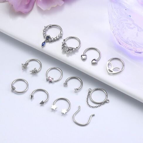 FINREZIO 12Pcs 16G Septum Rings for Women Surgical Steel Dangle Nose Rings Hoops Helix Daith Cartilage Earrings Septum Nose Piercing Jewelry 8-10MM in Kuwait