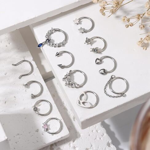 FINREZIO 12Pcs 16G Septum Rings for Women Surgical Steel Dangle Nose Rings Hoops Helix Daith Cartilage Earrings Septum Nose Piercing Jewelry 8-10MM in Kuwait