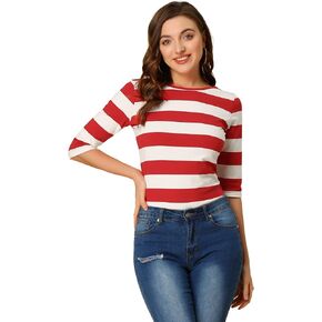 Allegra K Striped Top for Women's Halloween Elbow Sleeves Basic Slim Fit Round Neck T-Shirt