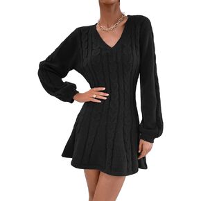 SweatyRocks Women's Cable Knit Short V Neck Sweater Dress Soild Long Bishop Sleeve Flared Dresses