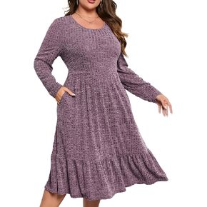 ShopWonder Womens Plus Size Ribbed Knit Sweater Dress Long Sleeve Stretchy Comfy Casual Fall Dress with Pockets