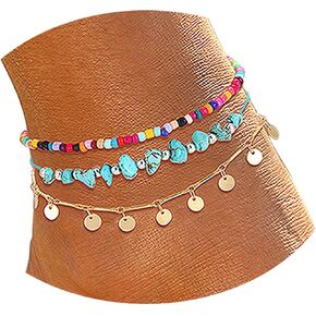 YAHPERN Anklets For Women Girls Color Beads Turquoise Drop Sequin Charm Adjustable Ankle Bracelets Set Boho Multilayer Beach Foot Jewelry in Saudi Arabia