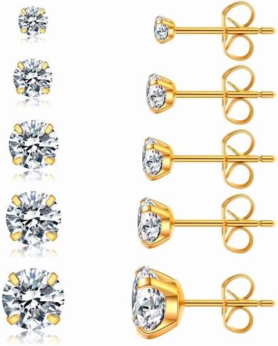 5 Pairs Stud Earrings Hypoallergenic Cubic Zirconia 316L Earrings Stainless Steel CZ Earrings Set 3-8mm (Gold) in Saudi Arabia