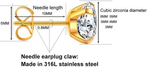 5 Pairs Stud Earrings Hypoallergenic Cubic Zirconia 316L Earrings Stainless Steel CZ Earrings Set 3-8mm (Gold) in Saudi Arabia
