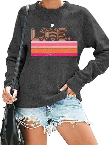 FCHICH ريترو الحب عيد الحب البلوز للنساء عادية كم طويل Crewneck البلوز القمم لطيف عاشق القلب تي شيرت in Kuwait