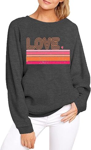 FCHICH ريترو الحب عيد الحب البلوز للنساء عادية كم طويل Crewneck البلوز القمم لطيف عاشق القلب تي شيرت in Kuwait