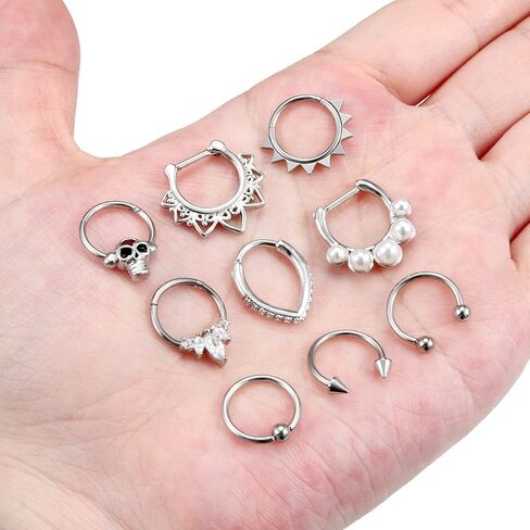 ocptiy الجمجمة اللؤلؤ الحاجز ثقب المجوهرات 16 جرام الحاجز الفرس حدوة الحصان الحديد المقاوم للصدأ الحاجز الأنف خواتم هوب ثقب المجوهرات للرجال النساء 10 ملليمتر 8 قطع in Kuwait