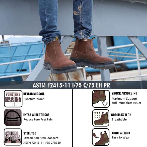 DIIG Work Boots for Men, Soft/Steel Toe Waterproof Working Boots, Slip Resistant Anti-Static Slip-on Safety EH Working Shoes 6 8 9 10 11 12 13 (Brown) in Saudi Arabia
