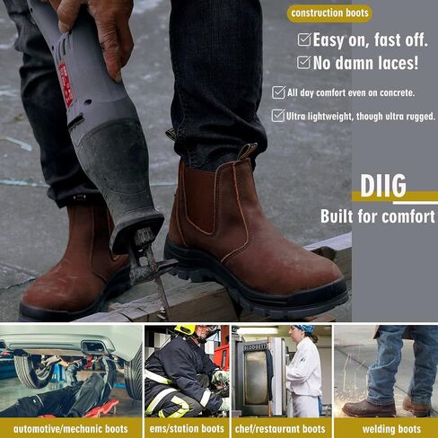 DIIG Work Boots for Men, Soft/Steel Toe Waterproof Working Boots, Slip Resistant Anti-Static Slip-on Safety EH Working Shoes 6 8 9 10 11 12 13 (Brown) in Saudi Arabia