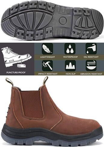 DIIG Work Boots for Men, Soft/Steel Toe Waterproof Working Boots, Slip Resistant Anti-Static Slip-on Safety EH Working Shoes 6 8 9 10 11 12 13 (Brown) in Saudi Arabia