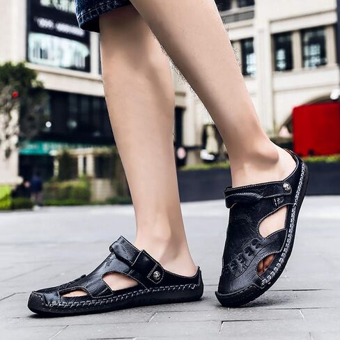 MIXSNOW Mens Leather Sandals Summer Casual Water Shoes Walking Outdoor Beach Travel Slippers （Black 44） in Saudi Arabia