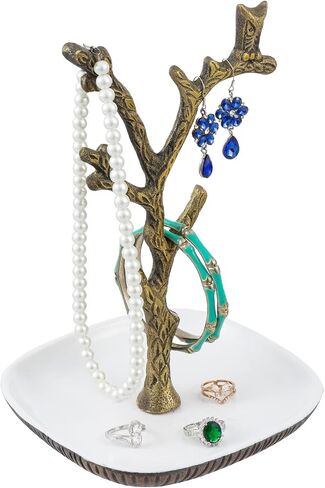 حامل مجوهرات MyGift Tree، فرع شجرة ألومنيوم مصبوب فاخر ذو لون نحاسي عتيق وتصميم بومة وقلادة وسوار وأقراط مع طبق حلقي - مصنوع يدويًا في الهند in Saudi Arabia
