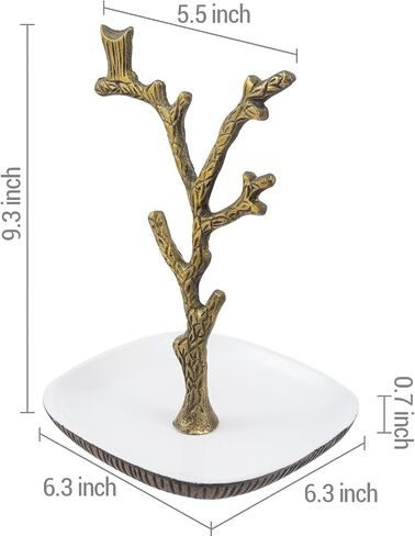 حامل مجوهرات MyGift Tree، فرع شجرة ألومنيوم مصبوب فاخر ذو لون نحاسي عتيق وتصميم بومة وقلادة وسوار وأقراط مع طبق حلقي - مصنوع يدويًا في الهند in Saudi Arabia