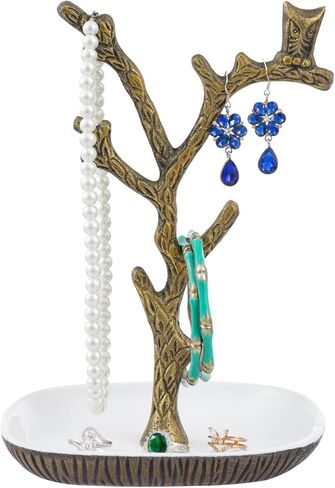 حامل مجوهرات MyGift Tree، فرع شجرة ألومنيوم مصبوب فاخر ذو لون نحاسي عتيق وتصميم بومة وقلادة وسوار وأقراط مع طبق حلقي - مصنوع يدويًا في الهند in Saudi Arabia