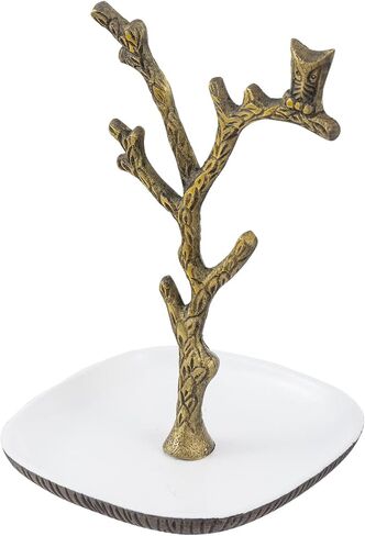 حامل مجوهرات MyGift Tree، فرع شجرة ألومنيوم مصبوب فاخر ذو لون نحاسي عتيق وتصميم بومة وقلادة وسوار وأقراط مع طبق حلقي - مصنوع يدويًا في الهند in Saudi Arabia