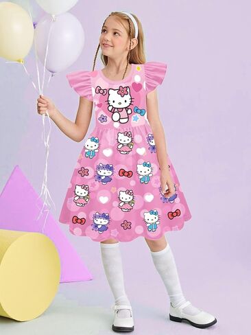 Girls Flutter Sleeve Dress Kids Princess Outfit Fancy Graphic Dresses Casual Playwear Birthday Gift 5-12Y in Saudi Arabia