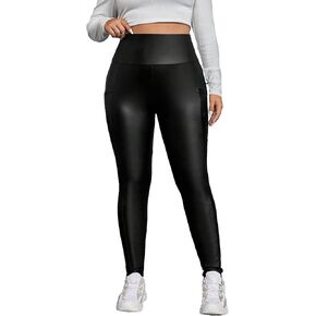 MakeMeChic Women's Plus Size Faux PU Leather High Waist Leggings Pocket Skinny Pants Trousers in Kuwait