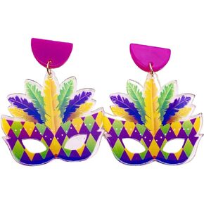 Mardi Gras Earrings for Women Girls,Carnival Theme Mask Earrings Mardi Gras Acrylic Drop Earrings for Holiday Mardi Gras Gifts