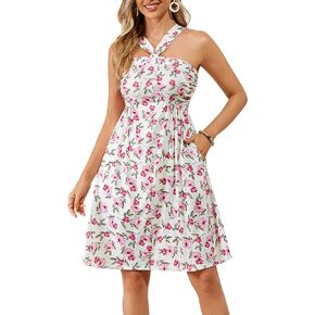 فستان صيفي نسائي من KINMIU فستان صيفي متدفق على شكل حرف A منقوش عليه زهور متقاطع ورقبة رسن للشاطئ 2024 in Kuwait