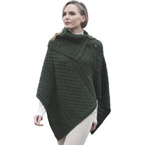 Aran Crafts Women's Cable Knit Buttoned Cowl Neck Poncho (100% Merino Wool)
