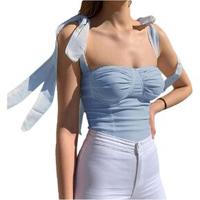 Velius Women's Sleeveless Camisole Tie Shoulder Mesh Strap Tank Crop Tops in Kuwait
