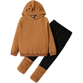 PATPAT 2pcs Outfit Kid Girl Bear Ear Design Polar fleece Hoodie Sweatshirt Splice Leggings Set Brown 5-6 Years in Saudi Arabia