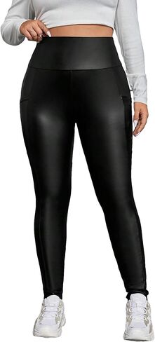 MakeMeChic Women's Plus Size Faux PU Leather High Waist Leggings Pocket Skinny Pants Trousers in Kuwait