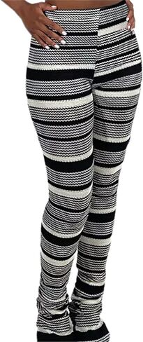 Atyfuniby Stacked Pants for Women - High Waisted Knitted Splice Striped Sweatpants Club Streetwear in Saudi Arabia