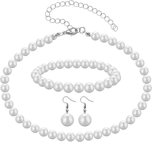 3 Pcs 8mm Pearl Necklace Bracelet Earrings Set Faux Pearl Jewelry Set for Women Simulated Pearl Necklaces Set Round White Pearl Costume Jewelry Accessories for Women Girls Brides Wedding Gift in Saudi Arabia