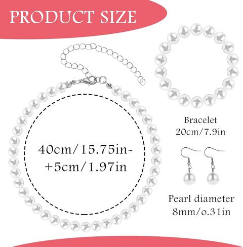 3 Pcs 8mm Pearl Necklace Bracelet Earrings Set Faux Pearl Jewelry Set for Women Simulated Pearl Necklaces Set Round White Pearl Costume Jewelry Accessories for Women Girls Brides Wedding Gift in Saudi Arabia