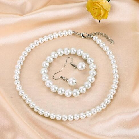 3 Pcs 8mm Pearl Necklace Bracelet Earrings Set Faux Pearl Jewelry Set for Women Simulated Pearl Necklaces Set Round White Pearl Costume Jewelry Accessories for Women Girls Brides Wedding Gift in Saudi Arabia