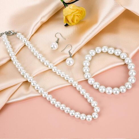 3 Pcs 8mm Pearl Necklace Bracelet Earrings Set Faux Pearl Jewelry Set for Women Simulated Pearl Necklaces Set Round White Pearl Costume Jewelry Accessories for Women Girls Brides Wedding Gift in Saudi Arabia