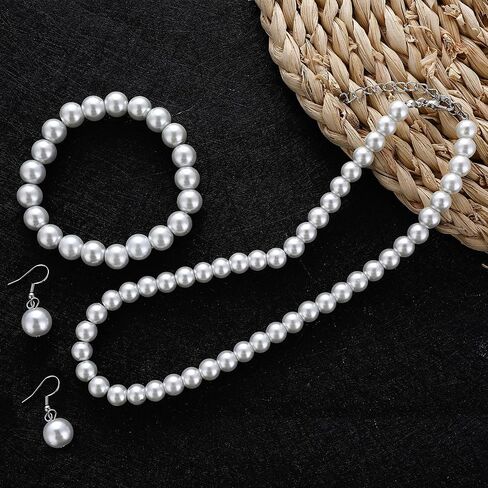 3 Pcs 8mm Pearl Necklace Bracelet Earrings Set Faux Pearl Jewelry Set for Women Simulated Pearl Necklaces Set Round White Pearl Costume Jewelry Accessories for Women Girls Brides Wedding Gift in Saudi Arabia