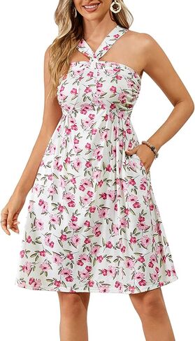 فستان صيفي نسائي من KINMIU فستان صيفي متدفق على شكل حرف A منقوش عليه زهور متقاطع ورقبة رسن للشاطئ 2024 in Kuwait