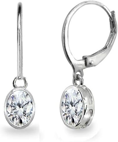 Sterling Silver Genuine or Synthetic Gemstone 7x5mm Oval Bezel-Set Leverback Dangle Earrings for Women Girls in Saudi Arabia