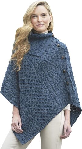 Aran Crafts Women's Cable Knit Buttoned Cowl Neck Poncho (100% Merino Wool) in Saudi Arabia