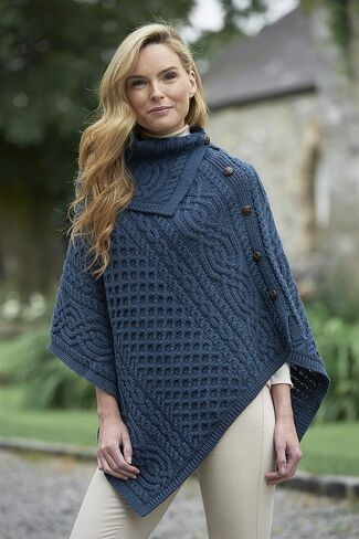 Aran Crafts Women's Cable Knit Buttoned Cowl Neck Poncho (100% Merino Wool) in Saudi Arabia