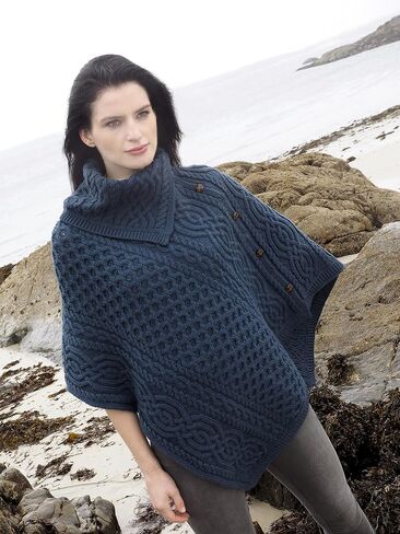 Aran Crafts Women's Cable Knit Buttoned Cowl Neck Poncho (100% Merino Wool) in Saudi Arabia