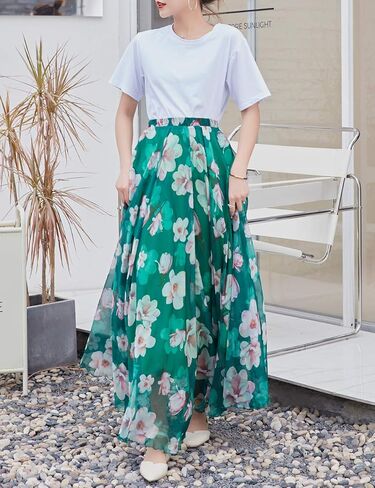 تنورة طويلة طويلة من الشيفون للسيدات من Jokavor، تنانير كاجوال ذات ثنيات واسعة in Kuwait