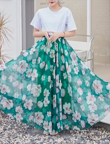 تنورة طويلة طويلة من الشيفون للسيدات من Jokavor، تنانير كاجوال ذات ثنيات واسعة in Kuwait