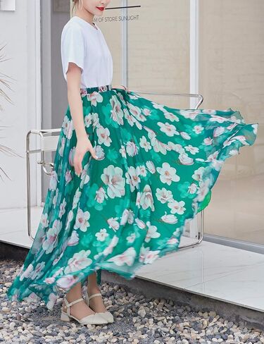 تنورة طويلة طويلة من الشيفون للسيدات من Jokavor، تنانير كاجوال ذات ثنيات واسعة in Kuwait