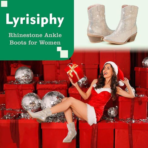 Lyrisiphy حجر الراين أحذية رعاة البقر للنساء أشار تو راعية البقر الأحذية سباركلي الأحذية بريق الأحذية واسعة العجل الأحذية الغربية الأحذية الوردي in Kuwait