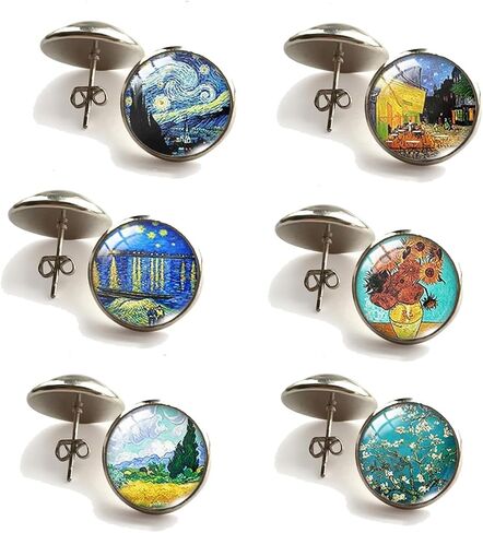 6 Pairs Van Gogh Painting Glass Ball Earrings Van Gogh Starry Sky Starry Night Sunflower Oil Painting Stud Earring Set for Women Girl in Saudi Arabia