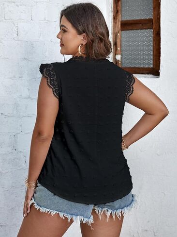 SCOMCHIC المرأة حجم كبير تانك القمم لطيف الصيف بلا أكمام البلوزات الدانتيل تقليم غطاء الأكمام Crewneck السويسري دوت بيبي دول القمم in Saudi Arabia