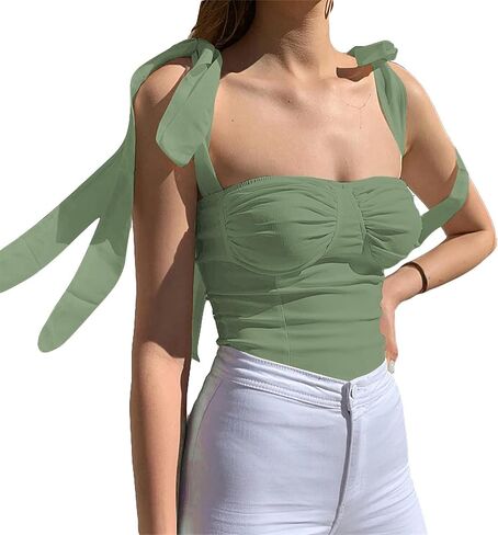 Velius Women's Sleeveless Camisole Tie Shoulder Mesh Strap Tank Crop Tops in Saudi Arabia