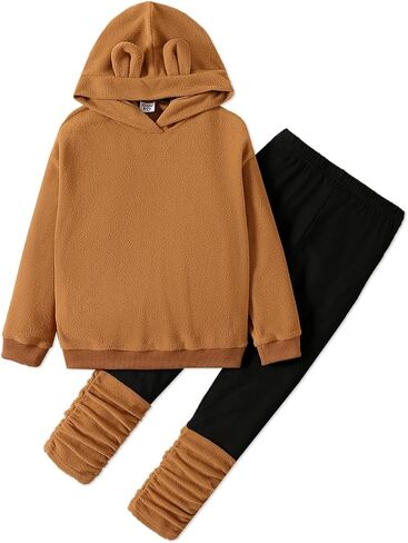 PATPAT 2pcs Outfit Kid Girl Bear Ear Design Polar fleece Hoodie Sweatshirt Splice Leggings Set Brown 5-6 Years in Saudi Arabia